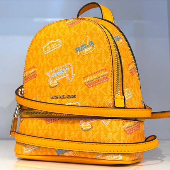 Michael Kors Rhea Extra-Small Printed Signature Logo Backpack Pop Orange Multi - Picture 2 of 9